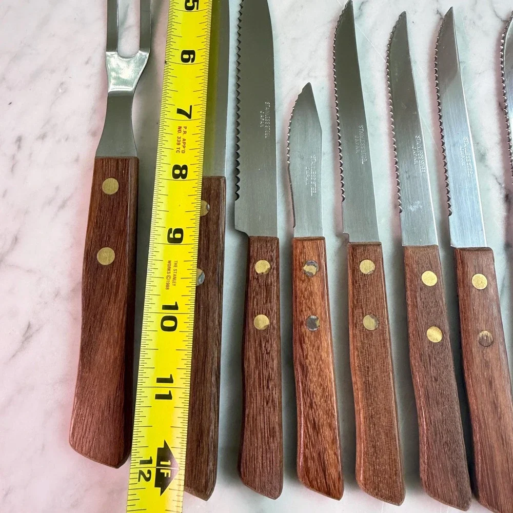 VTG 70s Mid Century Flatware Wood Handle Cutlery Set Japan Carving Knife Fork